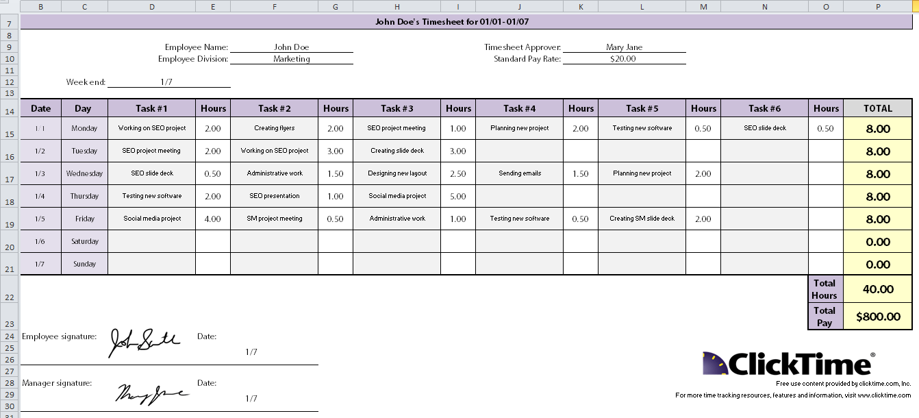 Free Excel Time Tracking Template Weekly Timesheet ClickTime