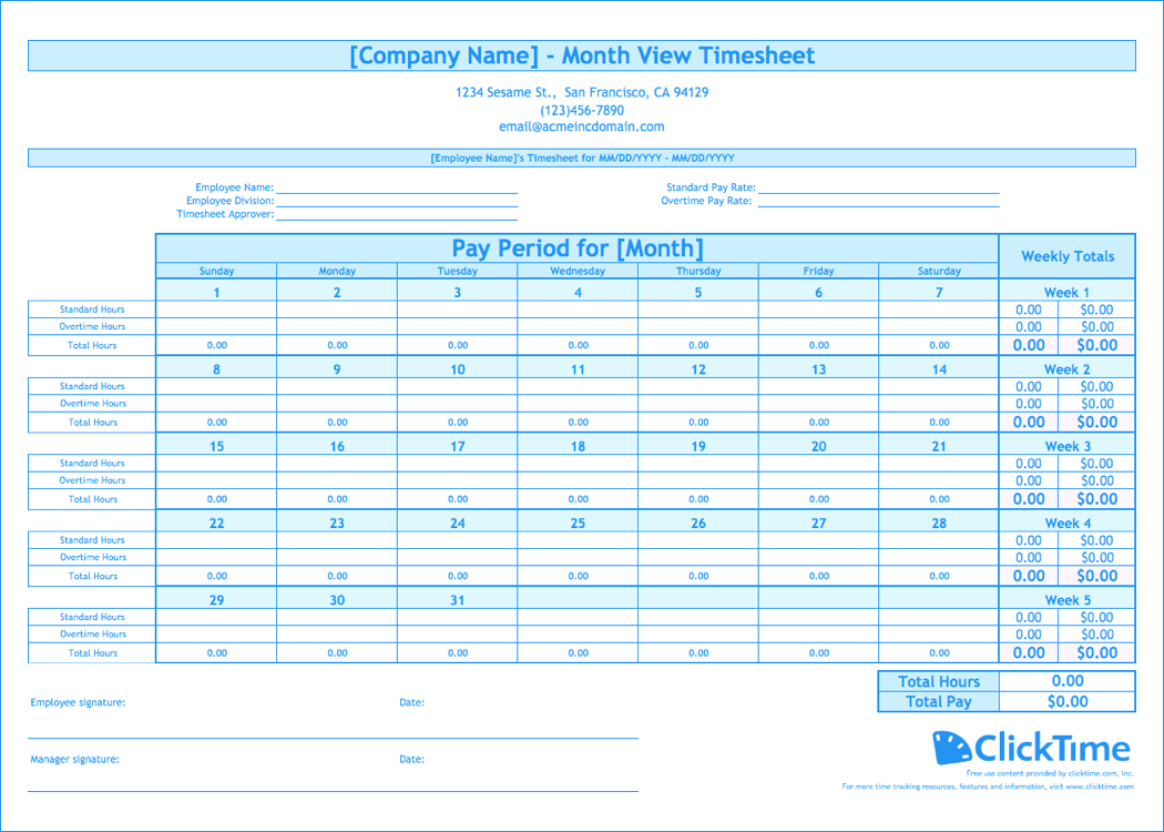 free monthly timesheet template clicktime